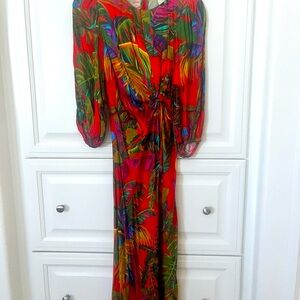 Farm Rio Tropical Orange and multi-color Midi Dress with Cut out- XS